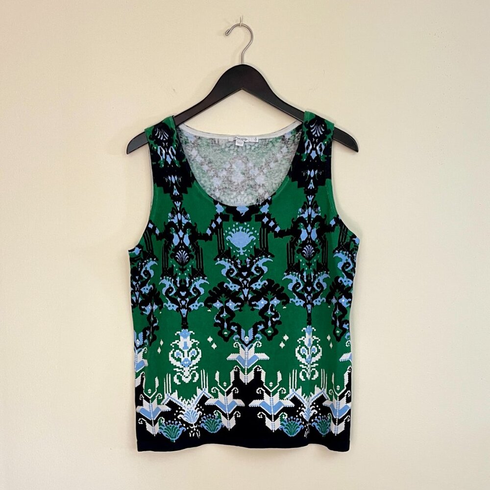 Chico's Open Front Linen Blend Cardigan Tribal Bohemian Print Green Black, Large - Picture 5 of 10